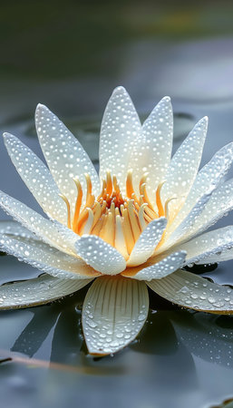 Beautiful Tranquil Scene of Isolated White Nymphaea Petals Floating on Calm Water Surfaceの素材