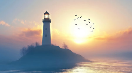 Serene Lighthouse Standing Tall on Rugged Cliffs, Guiding Ships Through Misty Dawn, Coastal Beautyの素材