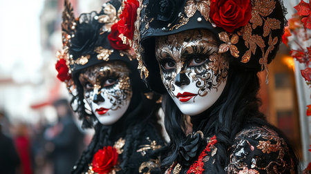 Ornate Venetian Carnival Festival Elegance with Enchanting Revelers Dressed in Black, Red, and Goldの素材