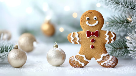 Charming Gingerbread Man Ornament with Bow Tie Surrounded by Festive Christmas Decorations and Snowの素材