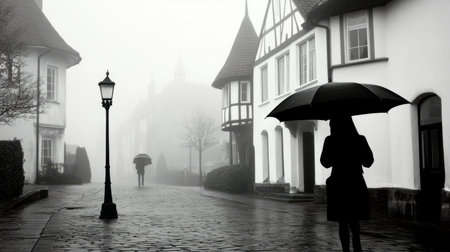 Misty Urban Serenity An Umbrella-Shielded Figure Wanders Through a Foggy Cobblestone Streetの素材