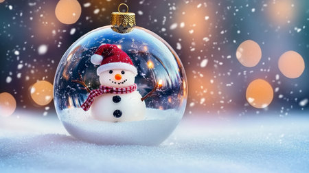 Brightly Colored Christmas Ornament Featuring a Snowman Inside, Surrounded by Sparkling Snowflakesの素材