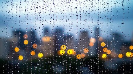 Tranquil Nighttime Cityscape Through Rain-Streaked Glass, Soft Lights Reflecting on a Windowpaneの素材
