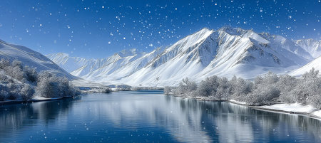 Stunning Winter Wonderland Landscape with Sparkling Snow, Majestic Mountains, and Reflective Lakeの素材