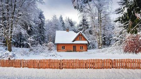 A Cozy Rural Winter House Surrounded by Snow and Forest, Perfect for a Peaceful Holiday Retreatの素材
