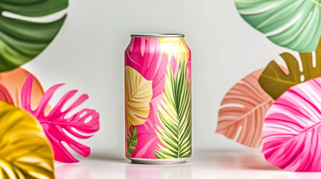 Refreshing Tropical Drink with Artistic Leafy Can Design, Perfect for Summer Vibes and Art Lovers.の素材