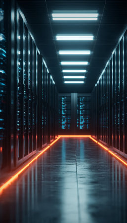 Data Storage Visualization in a Modern Computer Server Room with Advanced Digital Hardware Systemsの素材