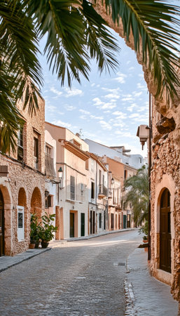 Charming Cobblestone Lane with Classic Stone Architecture, Sunlight and Shadows in a Dreamy Townの素材