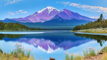 Breathtaking Scenic View of a Tranquil Lake Surrounded by Lush Green Forests and Majestic Mountainsの素材