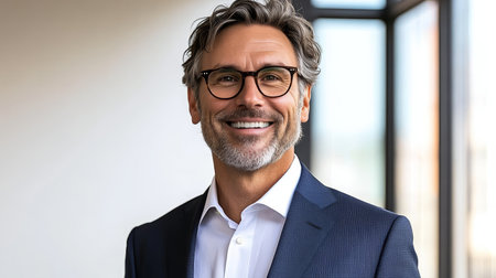 Confident Mature Entrepreneur with Gray Hair and Glasses, Dressed in Formal Attire, Smiling Happilyの素材