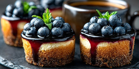 Deliciously Sweet Blueberry Mini Cheesecakes Perfectly Arranged for a Tempting Bakery Display Treatの素材