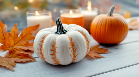 Autumnal Still Life of White Pumpkin with Vertical Orange Stripes for Elegant Fall Decor.の素材