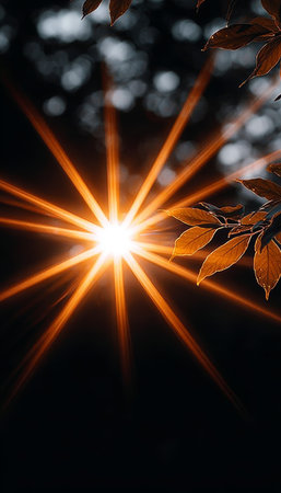 Warm Sunburst Effect Through Colorful Autumnal Foliage with Captivating Lens Flare and Light Streaksの素材