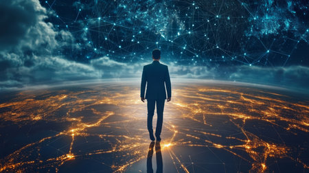 Conceptual Image of a Figure Walking on a Network of Digital Connectivity and Global Communicationの素材