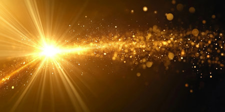 Golden light explosion with sparkling bokeh effect and festive holiday lights creating shine.の素材