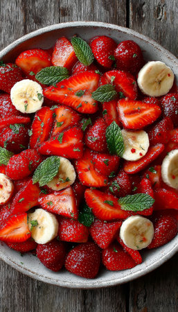 Fresh Summer Fruit Delight with Strawberries, Bananas, and Mint for a Refreshing Treatの素材