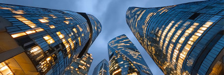 Stunning low angle view showcasing the reflective beauty of skyscrapers at night in a vibrant city.の素材