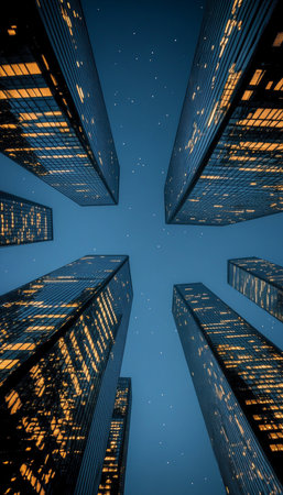 Stunning Cityscape at Night with Brightly Lit Skyscrapers and a Vibrant Urban Atmosphere and Energyの素材