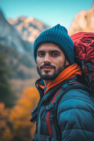 Adventurous Hiker with Backpack Exploring Breathtaking Fall Landscapes in the Wildernessの素材