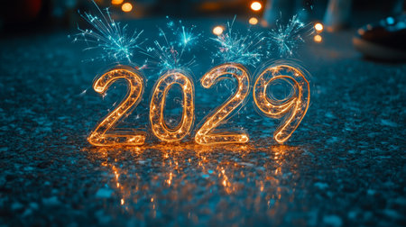 A Festive Celebration of 2029 with Sparkling Lights, Teal Background, and a Vision of Hope Aheadの素材