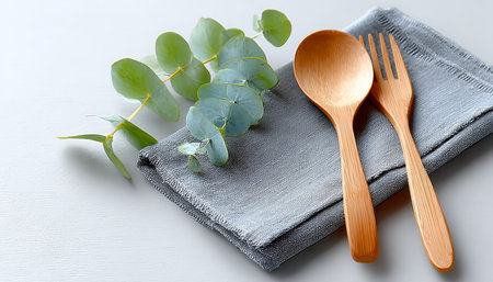 Elegant Rustic Table Setting with Wooden Cutlery and Eucalyptus Leaves on Neutral Linen Clothの素材