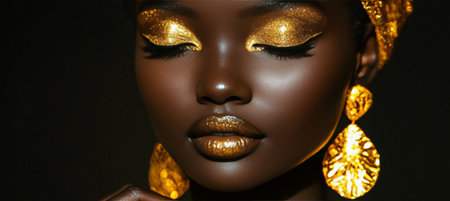 Elegant African Model with Gold Makeup and Sparkling Jewelry Posing Against Dark Backgroundの素材