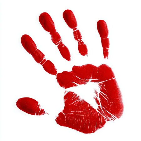 Sinister Red Tone Hand Imprint Symbolizing Blood and Danger in Isolated Horror Sign Concept Imageの素材