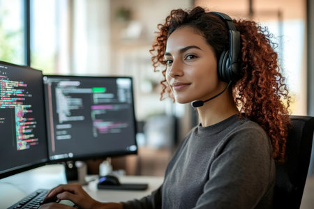 Young businesswoman working remotely with headset, analyzing coding scripts on her laptop screen.の素材