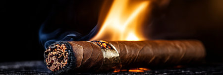 Close Up of Luxurious Cigar Burning with Flames and Glowing Embers in Dark, Premium Quality Settingの素材