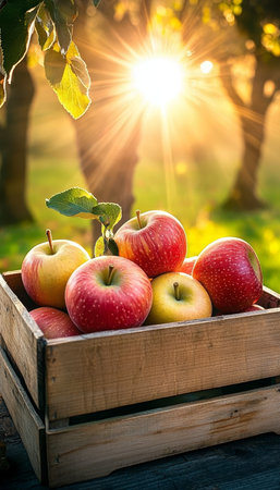 Vibrant and Abundant Organic Apple Harvest in Sunlit Orchard, Showcasing Nature s Bounty and Beautyの素材
