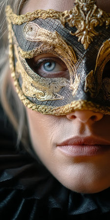 Elegant and Mysterious Woman in Black and Gold Venetian Mask with Dramatic Illumination Portraitの素材