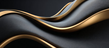Elegant Abstract 3D Background with Dynamic Waves of Golden Lines on a Dark Surface for Brandingの素材