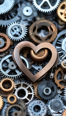 Intricate Interlocking Gears Forming a Love Heart Shape, Symbolizing Connectedness and Harmonyの素材