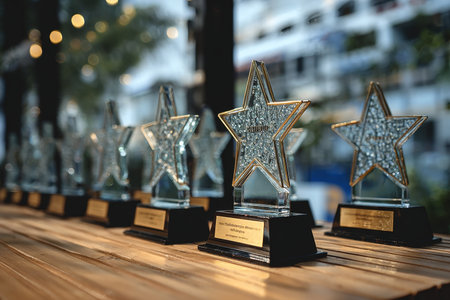 A Display of Prestigious Awards and Trophies on a Tabletop, Representing Achievement and Recognitionの素材