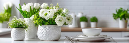 Elegant spring kitchen decor with white flowers and sophisticated table setting for gatherings.の素材