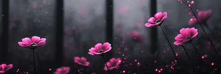 A Mysterious Night in a Gothic Garden with Ethereal Light and Enchanting Flowering Cosmosの素材