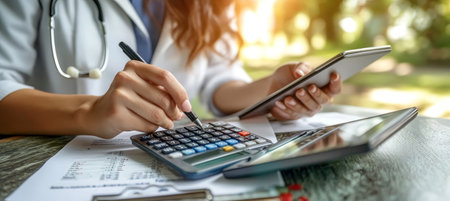 Female physician using a tablet and calculator at her clinic for billing and medical management.の素材