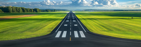 Breathtaking Aerial View of Green Runway Surrounded by Lush Agricultural Landscape and Clear Skyの素材