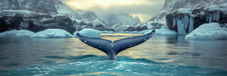 Majestic Winter Fjord Scene With Whale Tail Plunging Down Into the Icy Arctic Ocean Waters Belowの素材