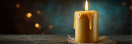A Beautifully Lit Burning Candle on a Wooden Surface Creating a Warm Glow Against a Dark Backdropの素材