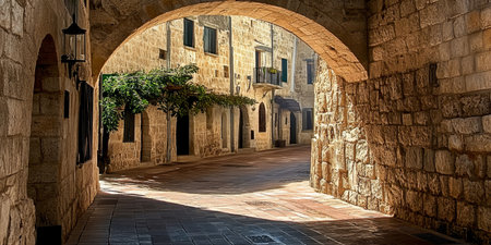 Charming Sunlit Alleyway with Vintage Architecture and Mediterranean Vibe in an Urban Townscapeの素材