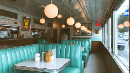 Classic American Diner Interior with Turquoise Booths, White Tables, and 1950s Vintage Decorの素材