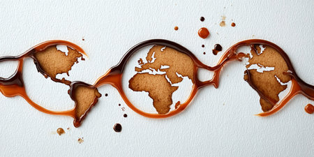 Creative Concept of Global Connectivity Illustrated through Coffee Spills Forming a World Mapの素材