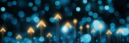 Abstract Digital Illustration of Upward Growth with Golden Arrows and Glowing Effects in Bokehの素材