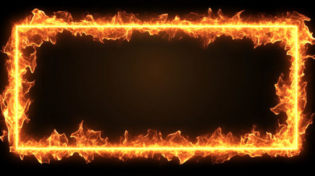 Vibrant Fiery Rectangle Frame Sign with Intense Blaze Glowing Brightly Against Dark Backgroundの素材