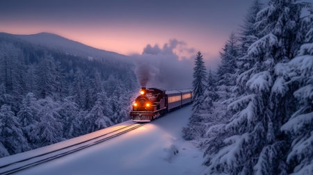 Vintage Steam Train Journey Through Snowy Forest in a Charming Winter Wonderland Atmosphereの素材