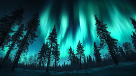 Majestic Symphony of Shimmering Light Curtains Illuminating a Winter Night Forest with Auroraの素材