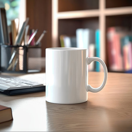 Bright and Modern Home Office Workspace Featuring a White Ceramic Coffee Mug on a Deskの素材