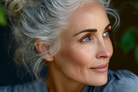 Elegant older woman with natural grey hair looking away, exuding grace, beauty, and serenity in ageの素材