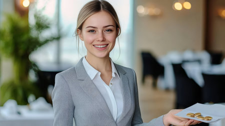 Elegant salesperson with a welcoming smile in a modern restaurant promoting ideas and specialsの素材
